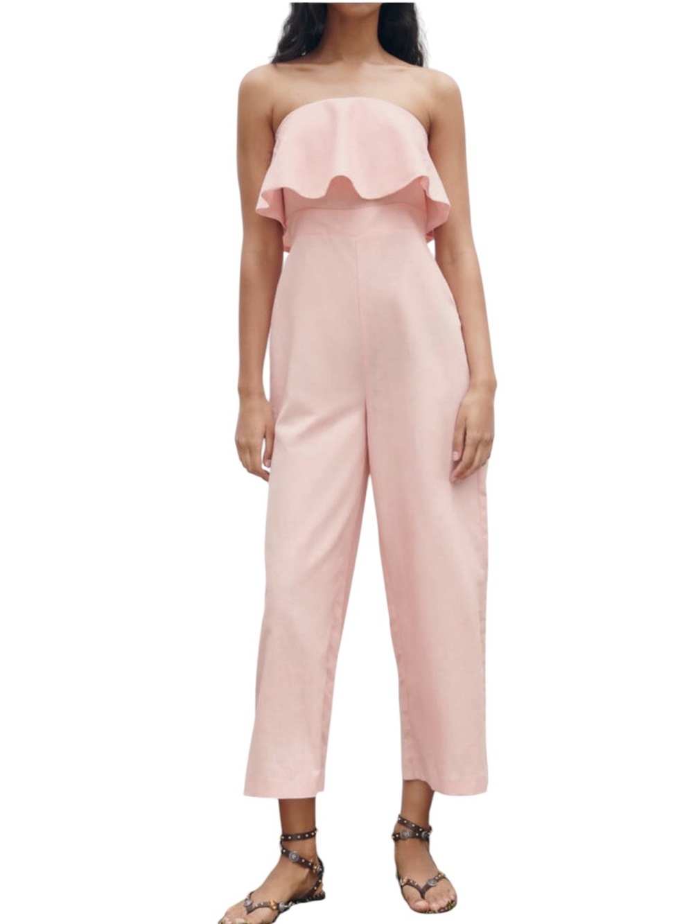 Zara Pink Linen Strapless Cropped Wide Leg Jumpsuit - S